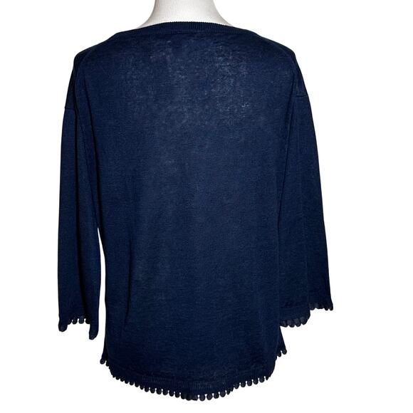 J. Crew 100% Linen Blue Pom Pom Trim 3/4 Sleeve Sweater Size M - Picture 3 of 10